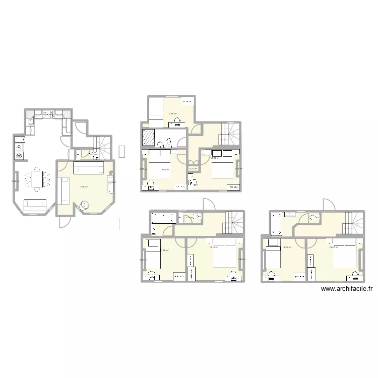 Revised Cottage layout with bath on to floor and shower on middle floor v3. Floor plan with 17  and 113 m²