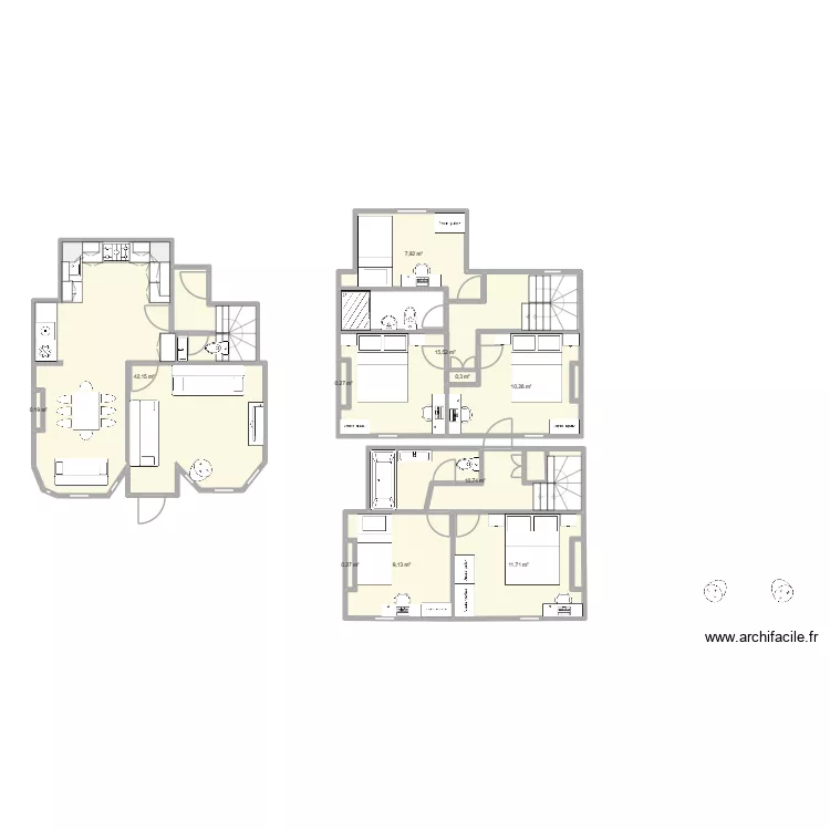 Revised Cottage layout with bath on to floor and shower on middle floor v2. Floor plan with 11  and 108 m²