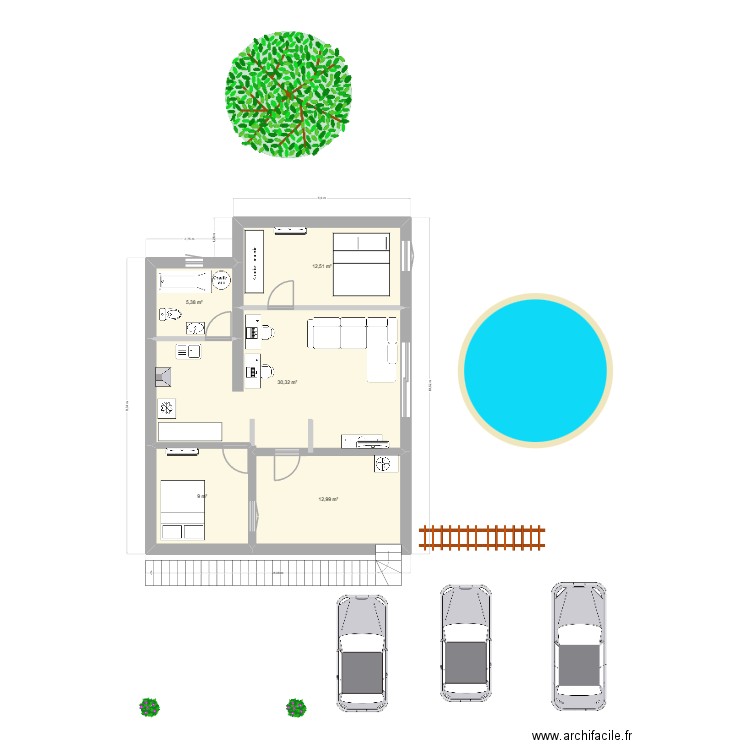 etage. Plan de 5 pièces et 70 m2
