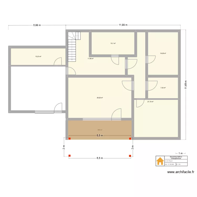 Balkon UG. Grundriss mit 7  und 115 m²
