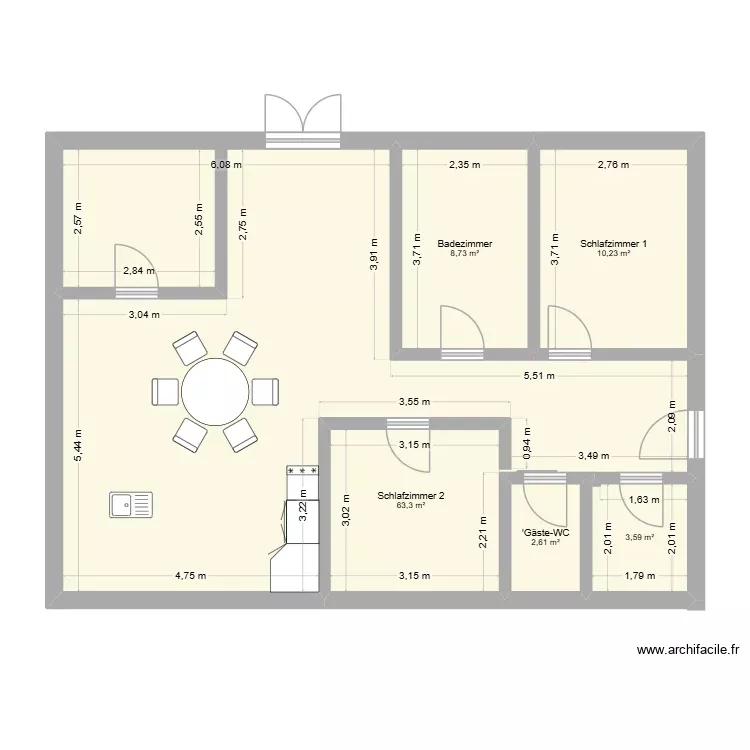 Versuch 2. Grundriss mit 5 Räume und 88 m² Versuch 2. Grundriss mit 5 Räume und 88 m²