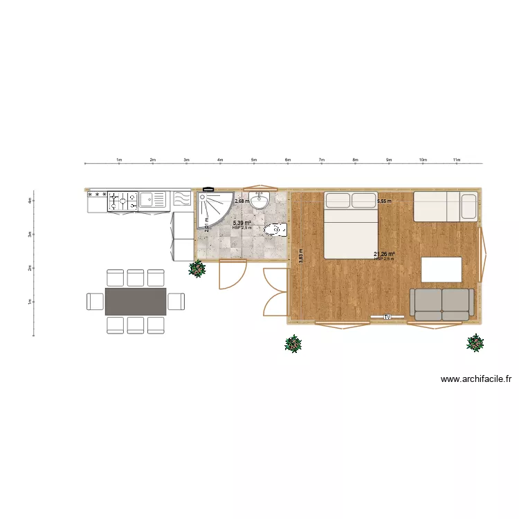 Gartenhaus. Grundriss mit 2 Räume und 27 m²