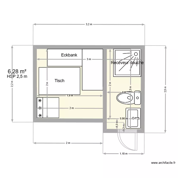 Dusche OG 2. Grundriss mit 1 und 6 m² Dusche OG 2. Grundriss mit 1 und 6 m²