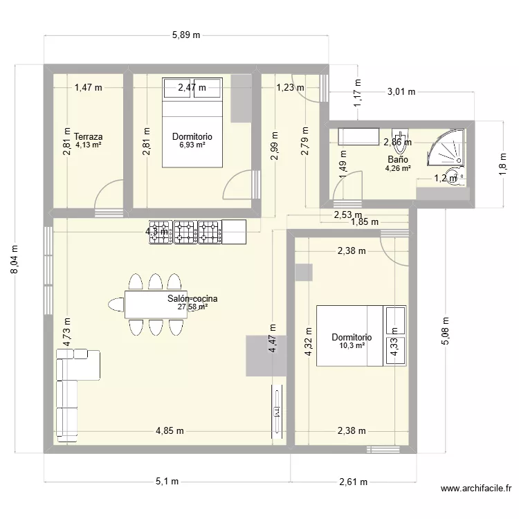 casa 1. Plano de 5 habitaciones y 53 m²