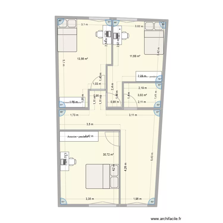Primera Planta. Plano de 4 Habitaciones y 59 m² Primera Planta. Plano de 4 Habitaciones y 59 m²