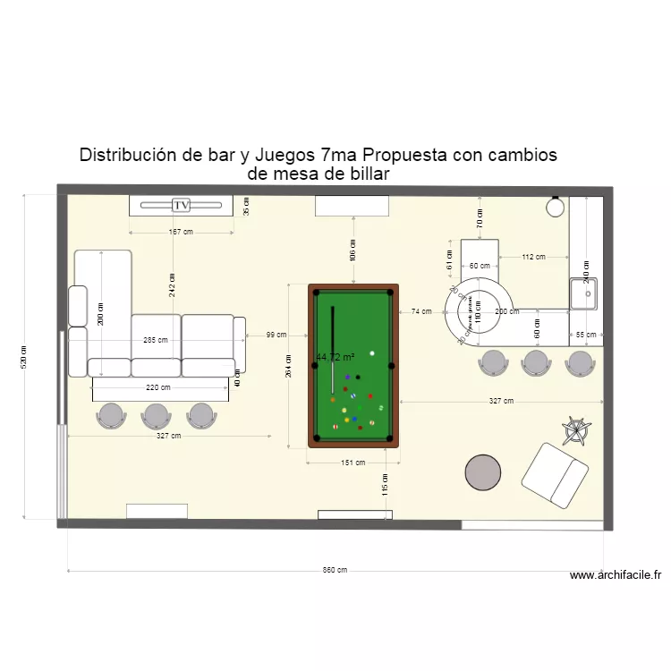 Casa Creston Bar 7ma Opci&oacute;n cambio de sentido a mesa de billar. Plano de 