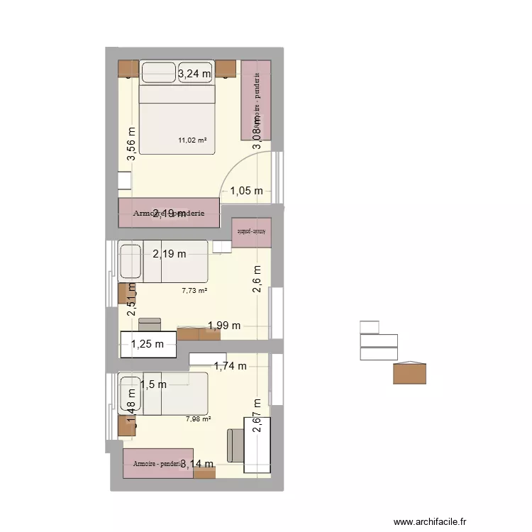 dormitorios4. Plano de 3 Habitaciones y 27 m²