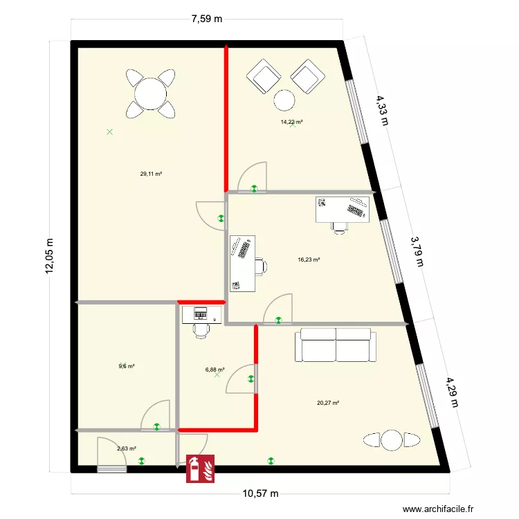 estudio. Plano de 7  y 99 m²