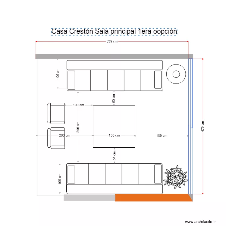 Casa Crest&oacute;n Sala principal opci&oacute;n 1 muebles existentes. Plano de 