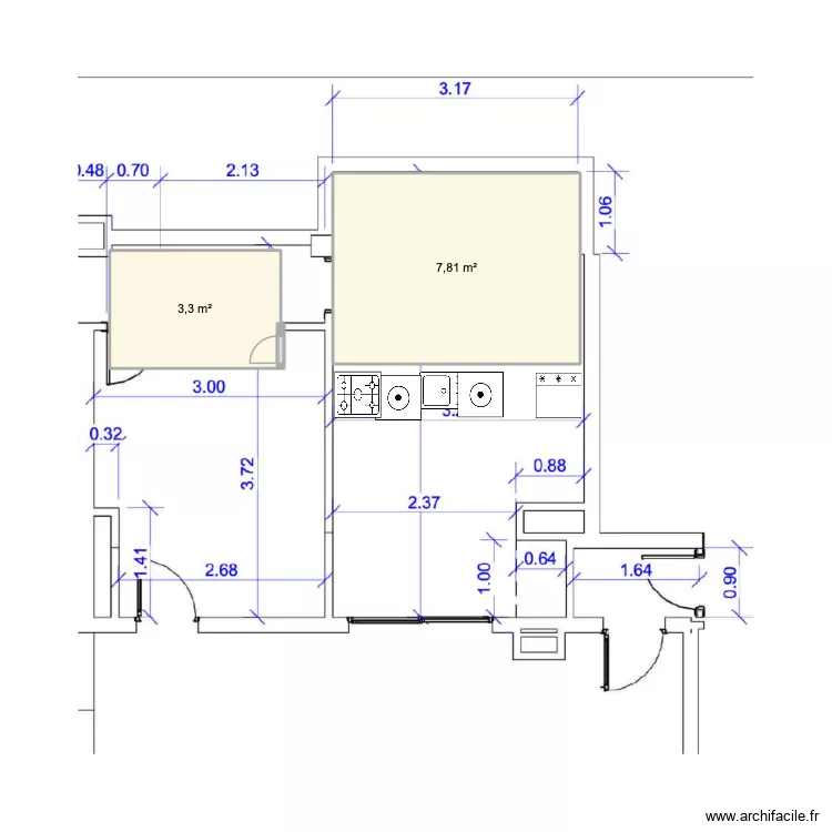 domitorio al fondo con la cocina a la entrada 3. Plano de 2  y 11 m²