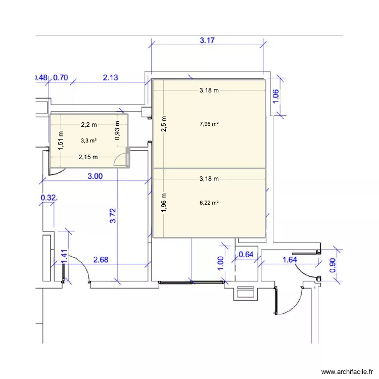 domitorio al fondo con la cocina a la entrada. Plano de 3  y 17 m²