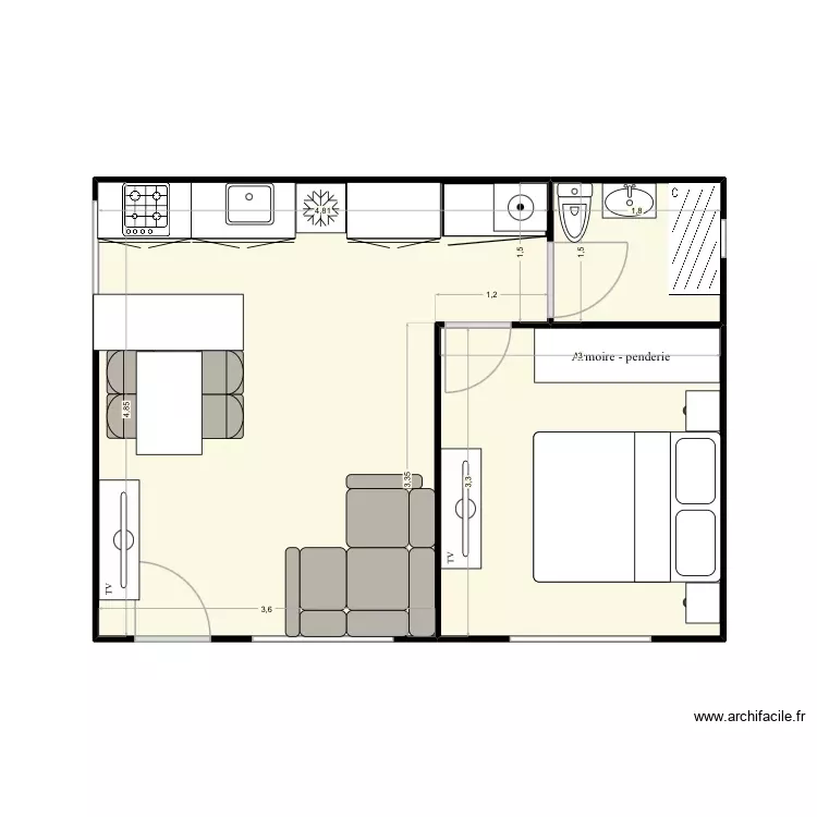 casa. Plano de 3 Habitaciones y 32 m²