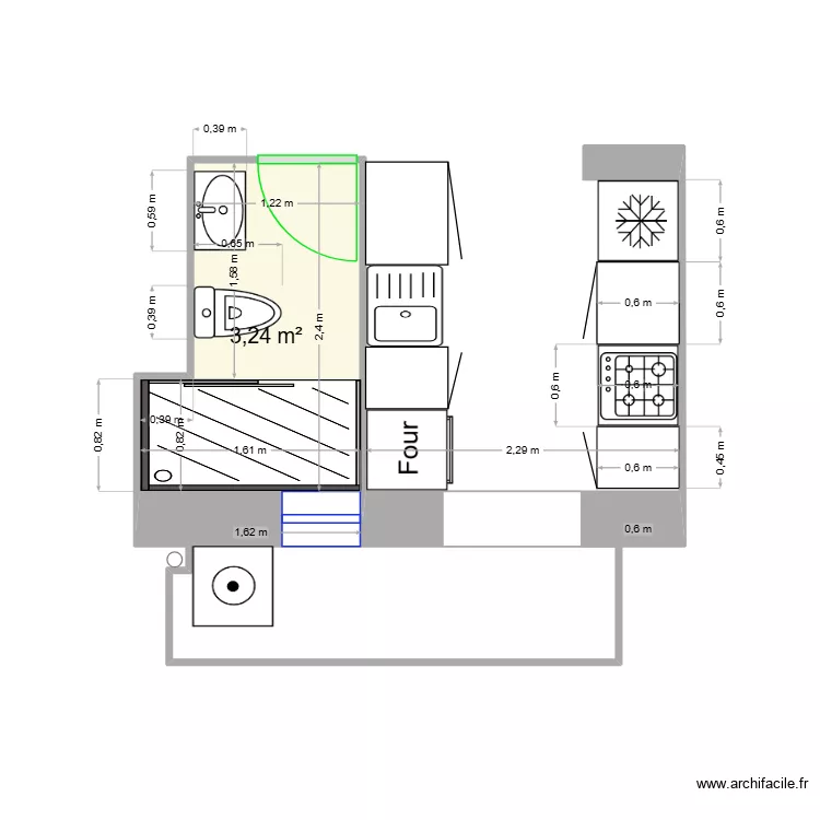 ba&ntilde;o. Plano de 1  y 3 m²