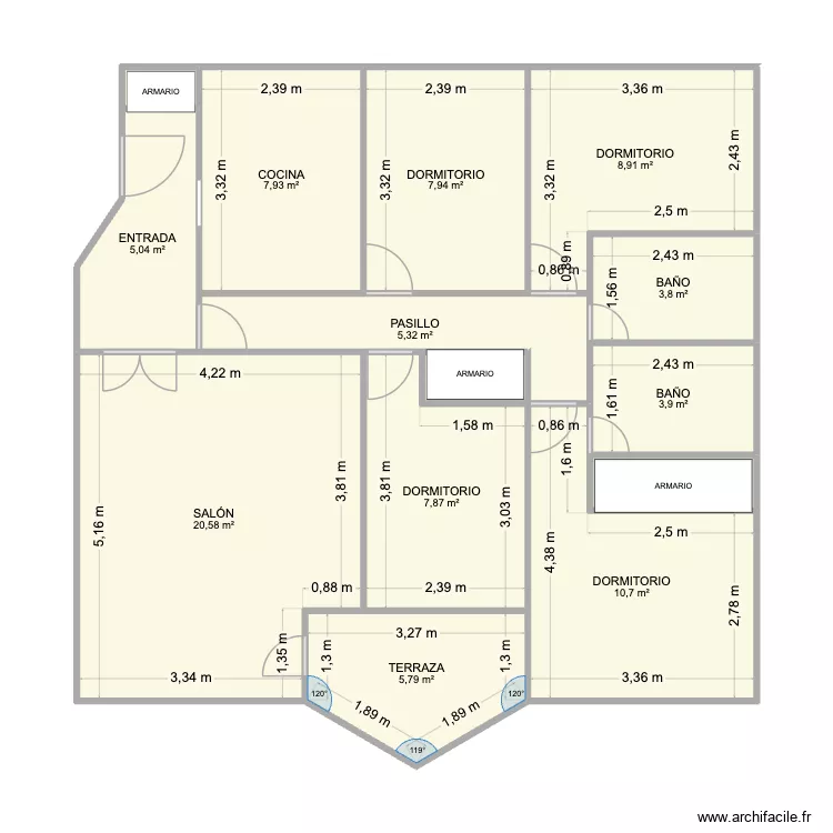 Piso1. Plano de 14 Habitaciones y 91 m²