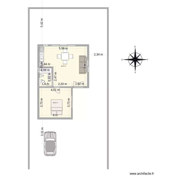 Casa de barro. Plano de 2  y 44 m²