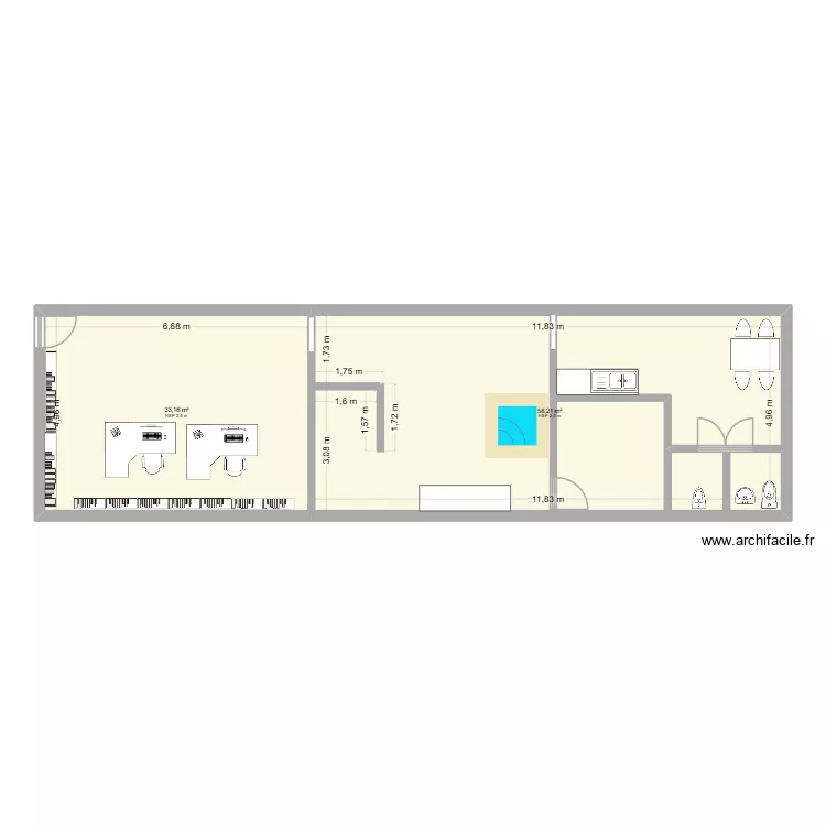 oficina. Plano de 2  y 91 m²