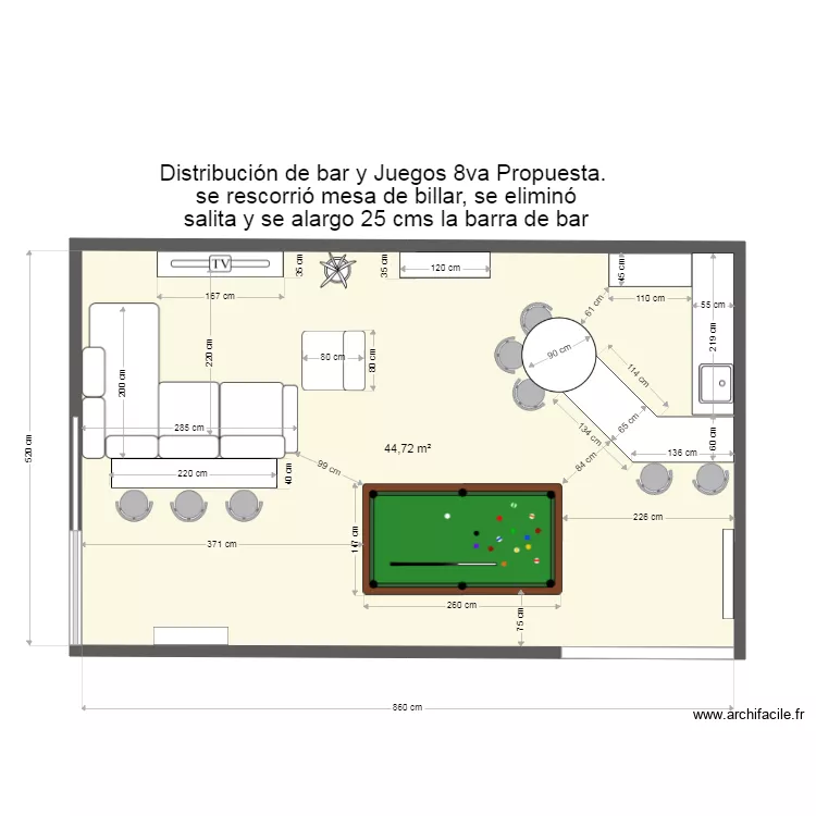 Casa Creston Bar 8va Opci&oacute;n cambio mesa de billar se elimino salita. Plano de 