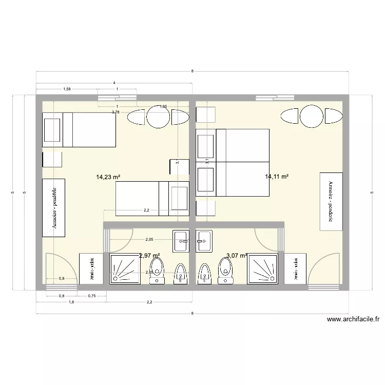 habitaciones. Plano de 4  y 34 m²