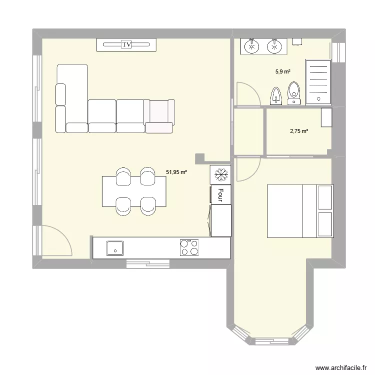 Planta Baja. Plano de 3 habitaciones y 61 m²