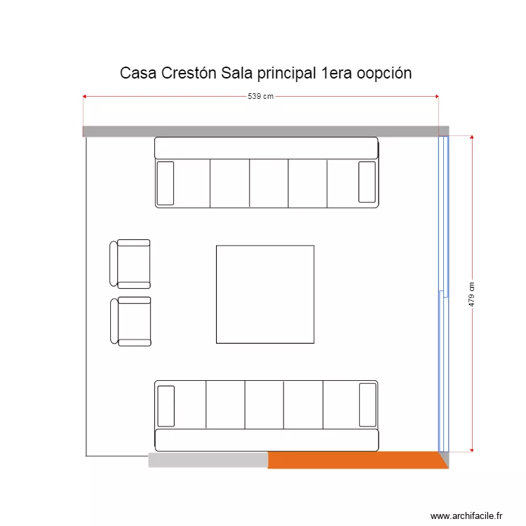 Casa Crest&oacute;n Sala principal opci&oacute;n 1 muebles existentes. Plano de 