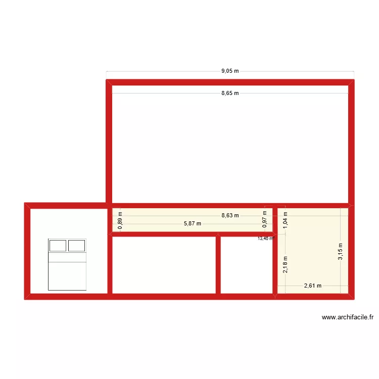 90m2, 3 habs, 1 ba&ntilde;o. Plano de 1  y 13 m²