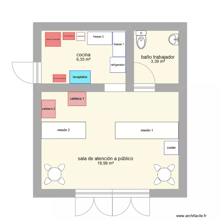 planta equipamiento cafe tiare. Plano de 3 habitaciones y 29 m²