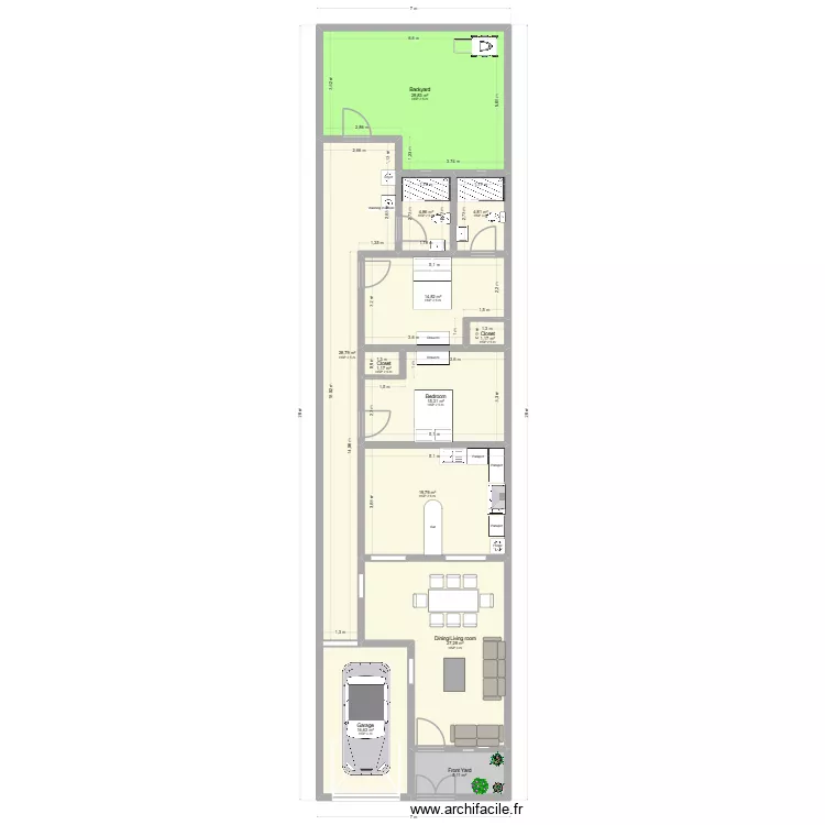 Casa 7 x 28 m. Plano de 12  y 170 m²
