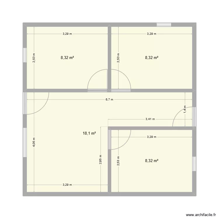 Casa7x7. Plano de 4 habitaciones y 43 m²