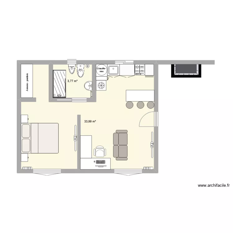 casa. Plano de 2 Habitaciones y 38 m²