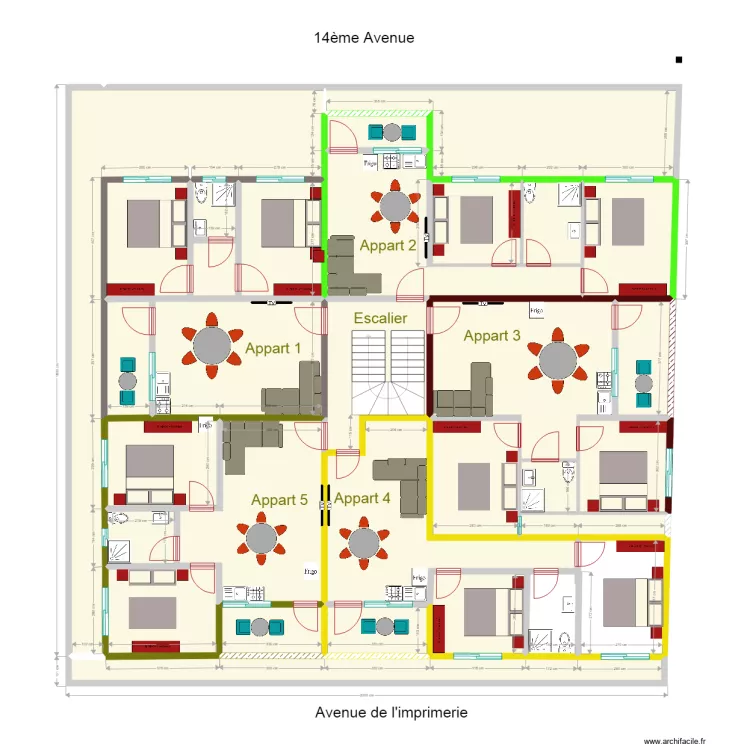 cinq appartements par niveau. Floor plan with 