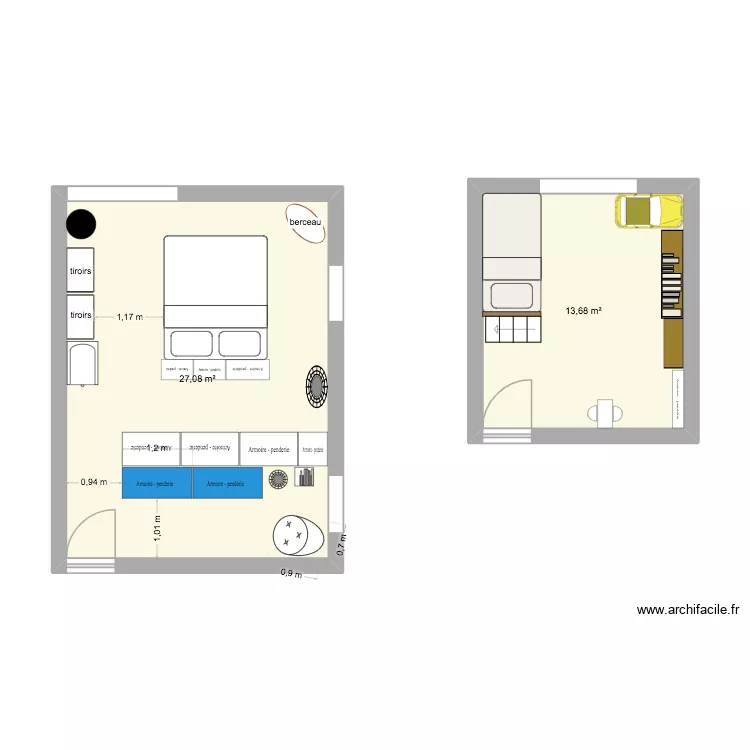 Chambres Amelior&eacute;es. Floor plan with 2  and 41 m²