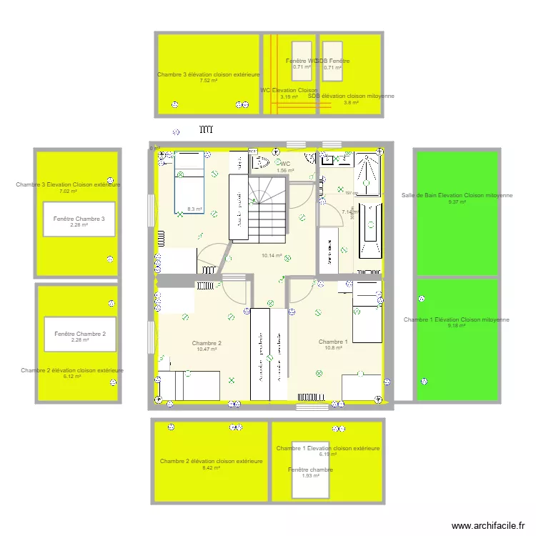 DSFA 1er etage Cloisons internes et p&eacute;riph&eacute;riques v6 avec &eacute;lectricit&eacute;. Floor plan with 