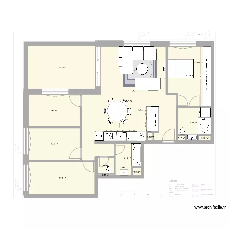 Plan de Base L+G meubl&eacute;8. Floor plan with 14  and 117 m²