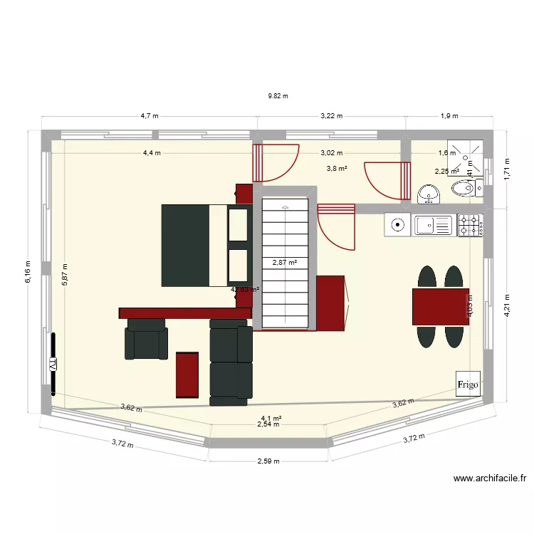 Superficie appartement IVbis. Floor plan with 5  and 56 m²