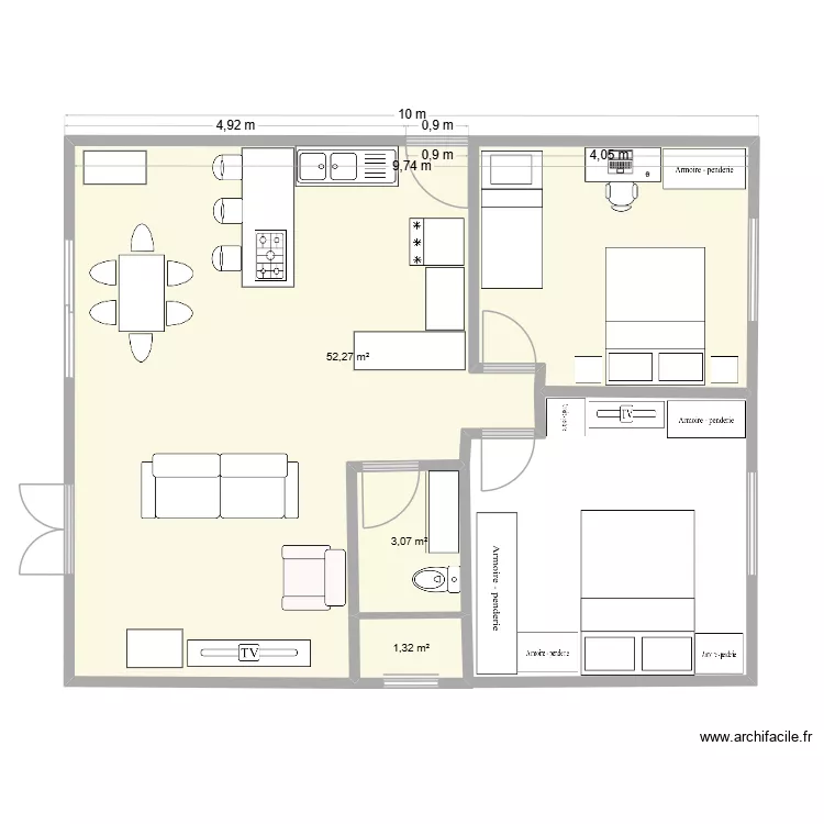 CROQUI. Floor plan with 3 rooms and 57 m²