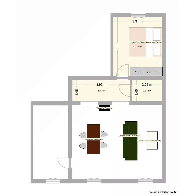 Pereire. Floor plan with 3 rooms and 22 m²