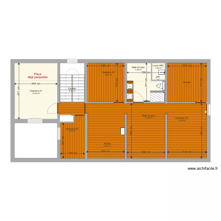 Chic à Chic Etage Plan pour mise en place parquet stratifié. Floor plan with Chic à Chic Etage Plan pour mise en place parquet stratifié. Floor plan with