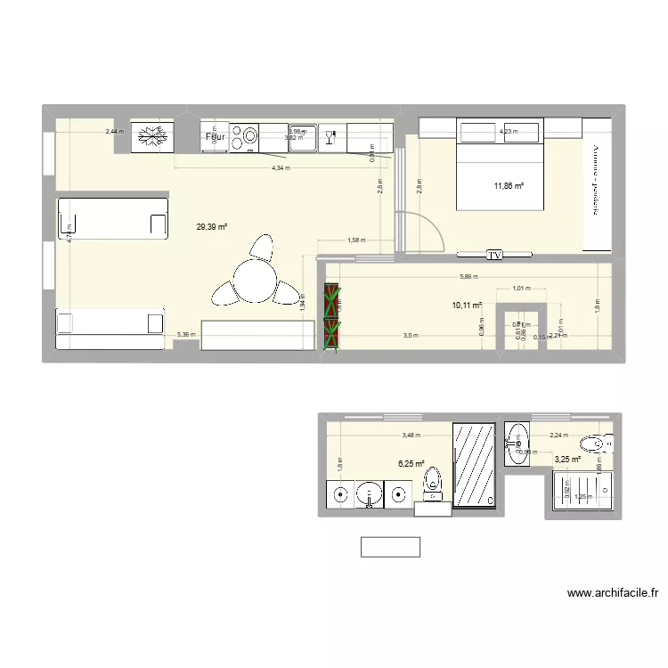 1-HO. Floor plan with 5 rooms and 61 m²