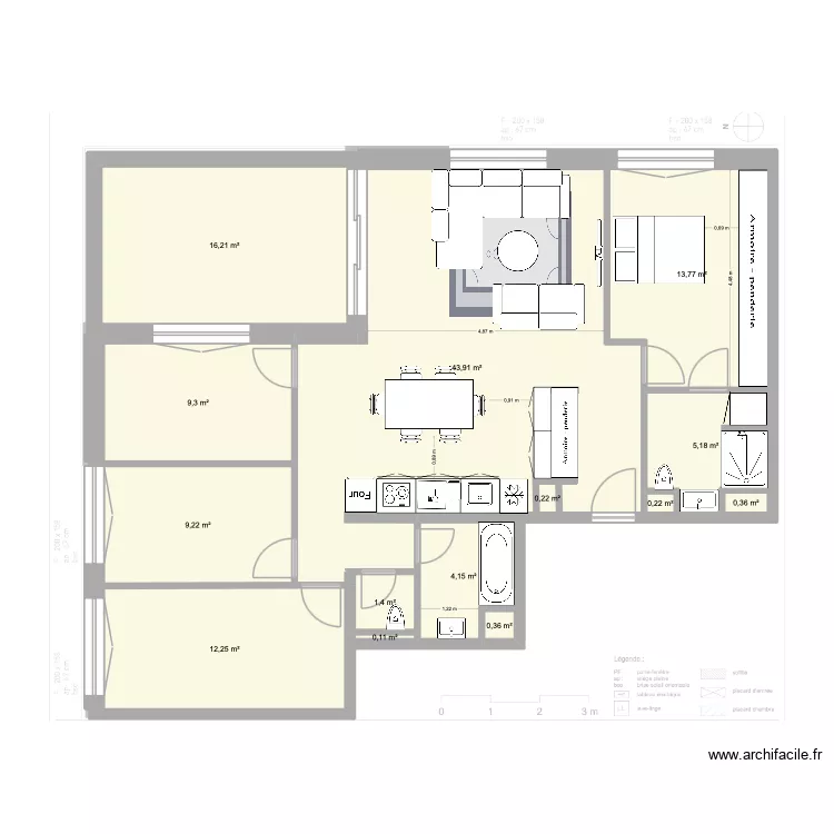 Plan de Base L+G meubl&eacute;7. Floor plan with 14  and 117 m²