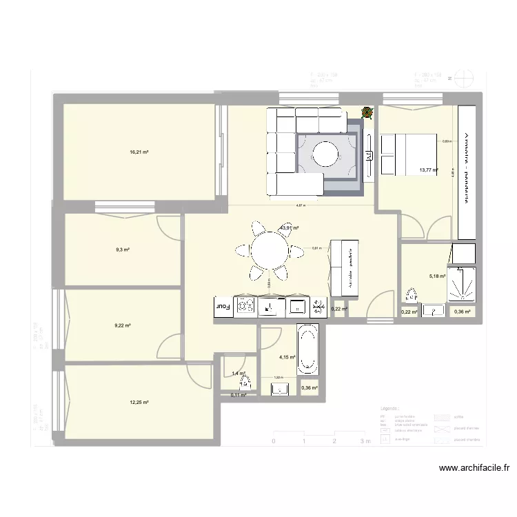 Plan de Base L+G meubl&eacute;5. Floor plan with 14  and 117 m²