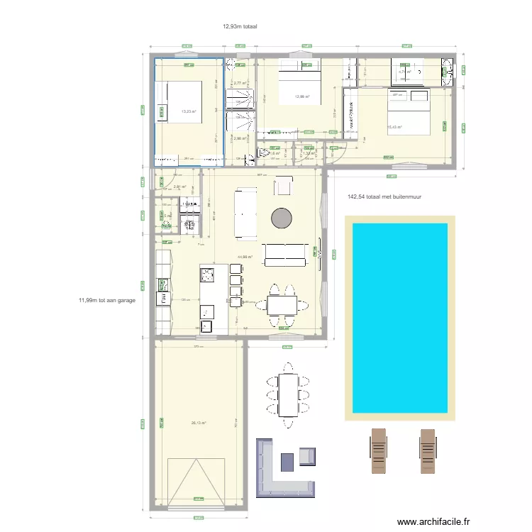 evi Barjac 3 x BADKAMERS met raam garage voorzijde voordeurzijkant. Floor plan with 