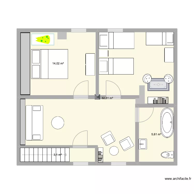 deuxieme. Floor plan with 4 rooms and 55 m²