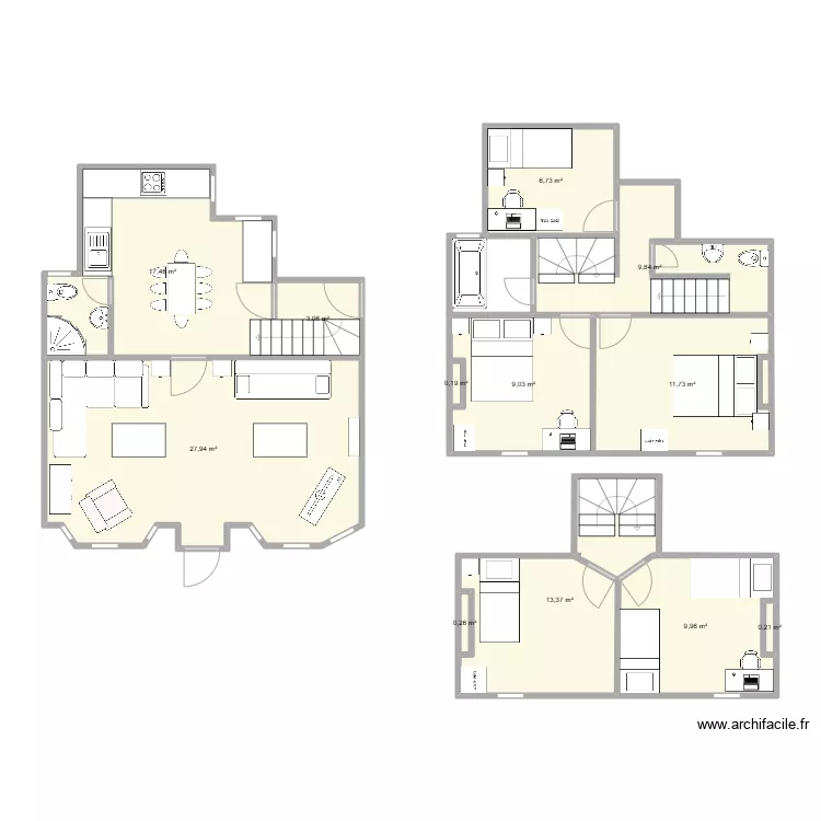 Cottage layout two storey rear extension and existing extension raised and protected stair. Floor plan with 