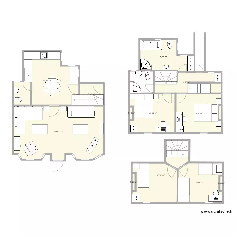 Cottage layout, bridge, two storey rear extension as bathroom and existing extension raised and protected stair. Floor plan with 