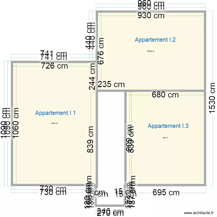 plan INSS superficie appartements premier, deuxieme et troisieme &eacute;tage. Floor plan with 