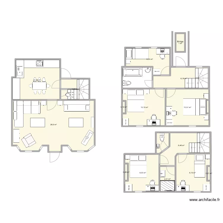 Cottage layout, bridge, two storey rear extension as bathroom and existing extension raised and protected stair version 3. Floor plan with 