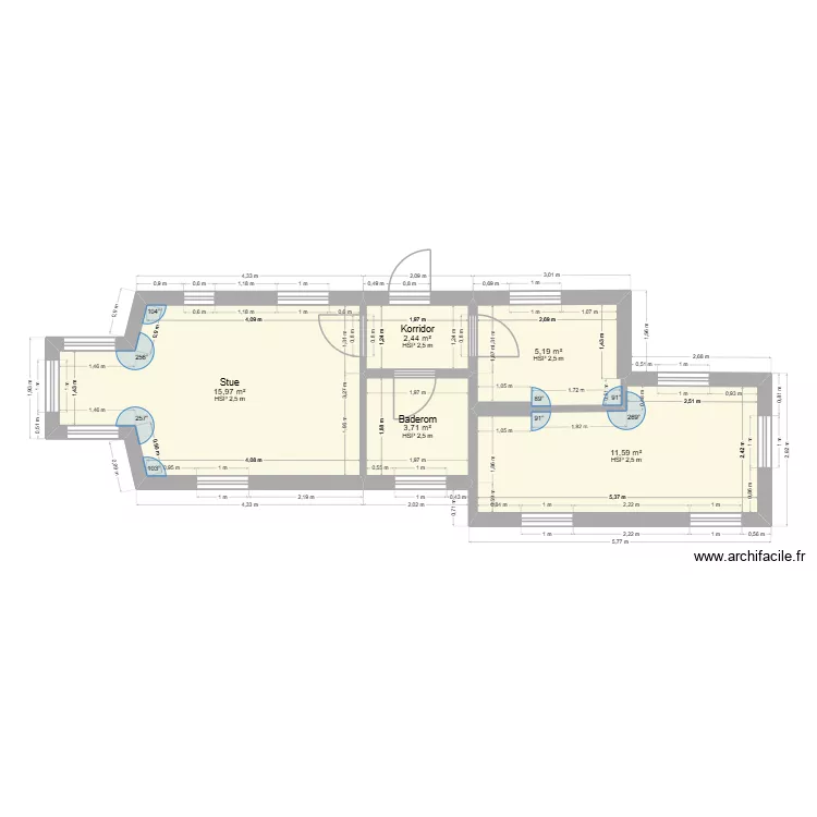 measurement example. Floor plan with 5  and 39 m²