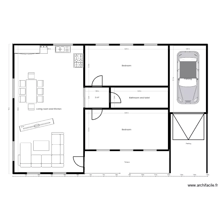 Bungalow House (1-story, 15&times;10). Floor plan with 6 Rooms and 117 m²