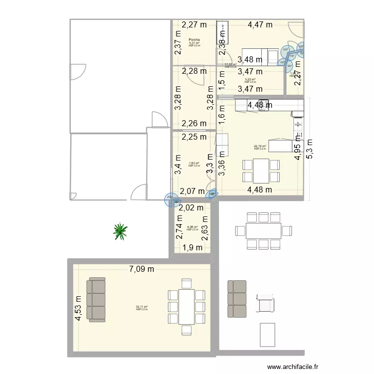 Maison rez de chaussée. Floor plan with 8 Rooms and 97 m² Maison rez de chaussée. Floor plan with 8 Rooms and 97 m²