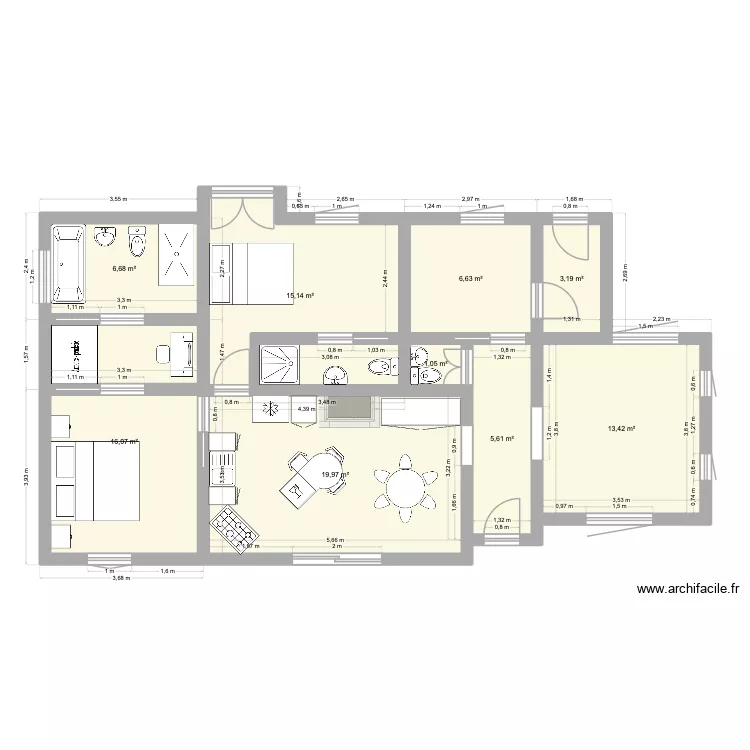 ok test 1. Floor plan with 9 rooms and 88 m²
